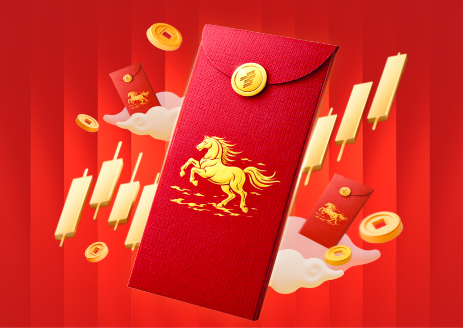 Imagen de un sobre rojo de Fintrix Markets con un mensaje de felicitación por el Año Nuevo Lunar