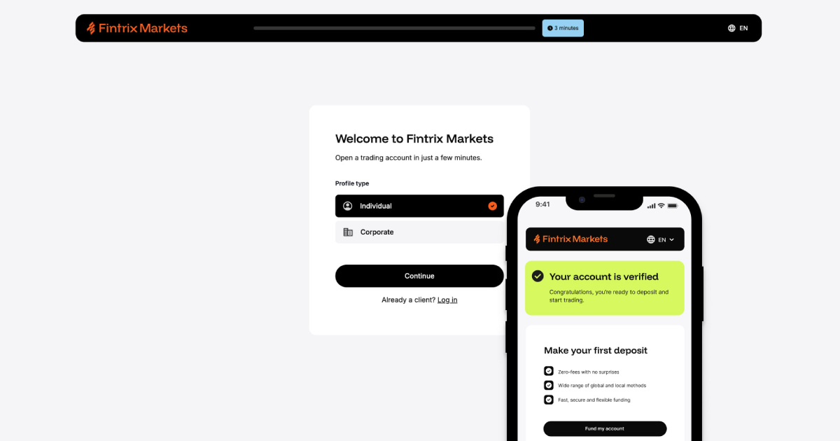 หน้าจอลงทะเบียนของอินเทอร์เฟซการสร้างบัญชี Fintrix Markets