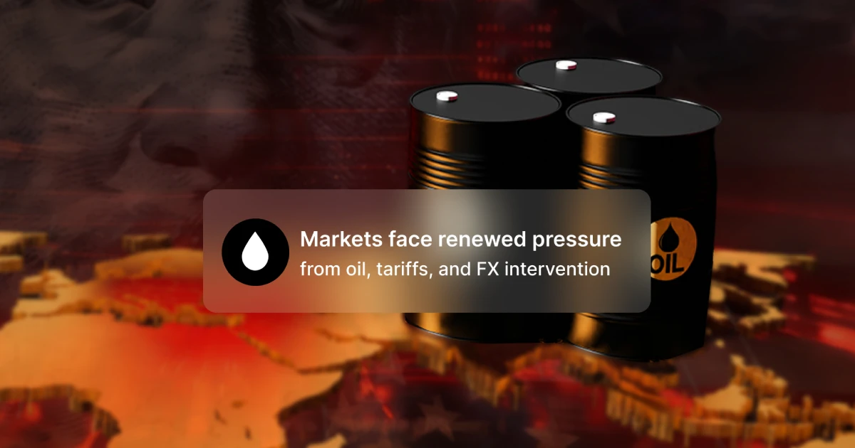 Global market analysis with oil barrels and market pressure on tariffs and FX